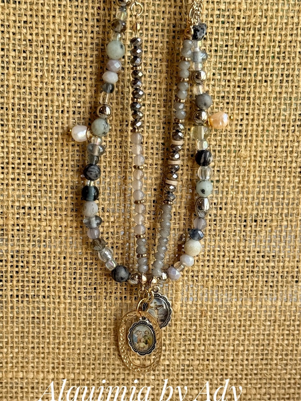 Agate Gold, Gray and Black Multi-Strand Beaded Pendant Necklace